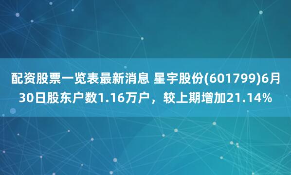 配资股票一览表最新消息 星宇股份(601799)6月30日股东户数1.16万户，较上期增加21.14%